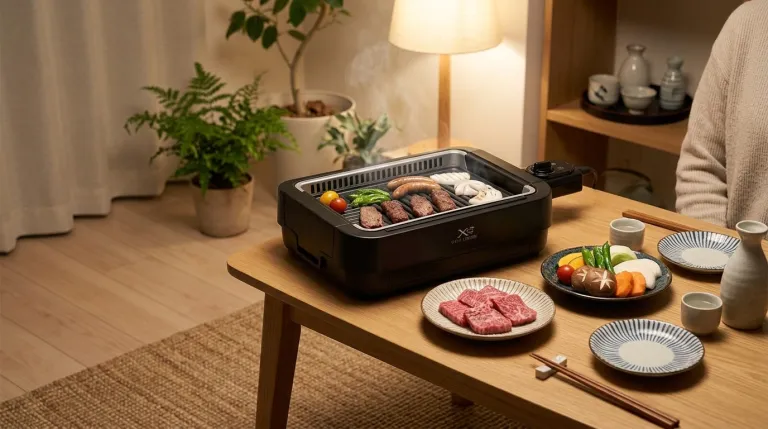 山善 XGRILL STORMで、部屋焼肉をもっと気軽な食卓イベントにの利用シーンのイメージイラスト