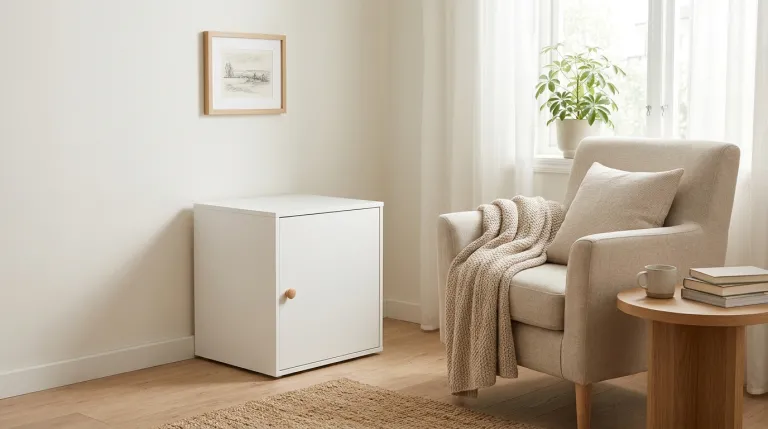 生活感を隠して淡色部屋に近づける、扉付きスタック収納の利用シーンのイメージイラスト